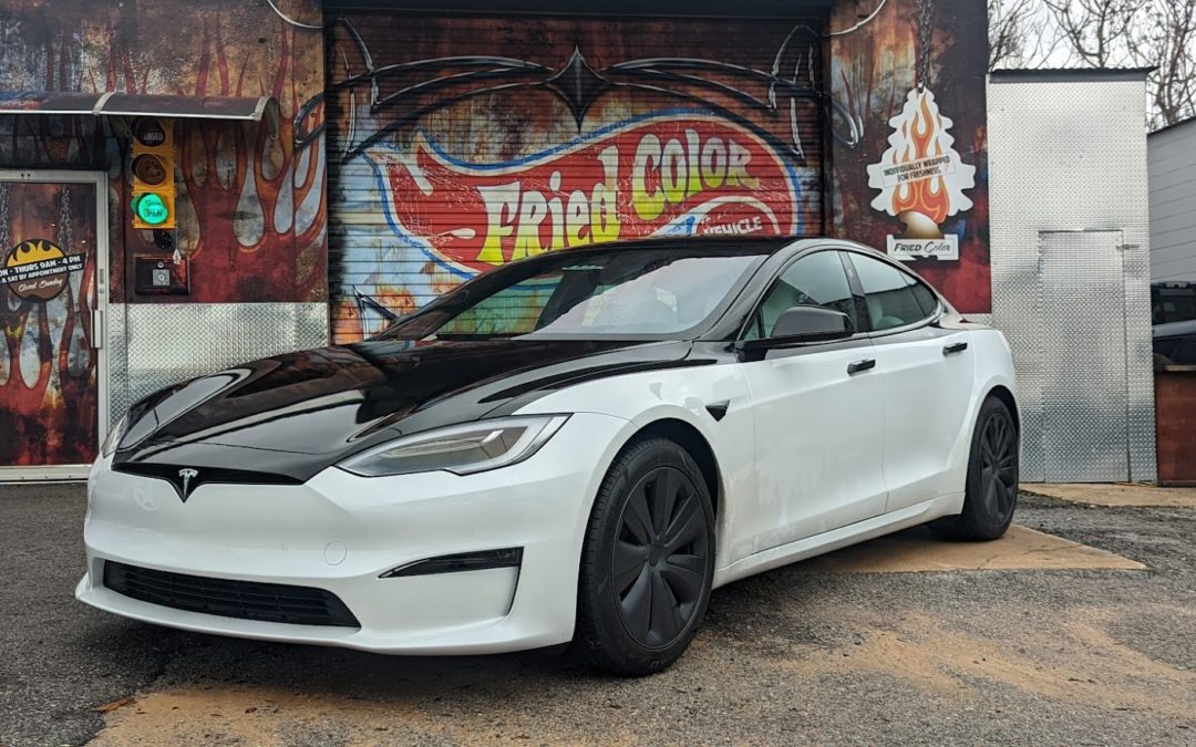 White Tesla Plaid with Black Vinyl Wrap